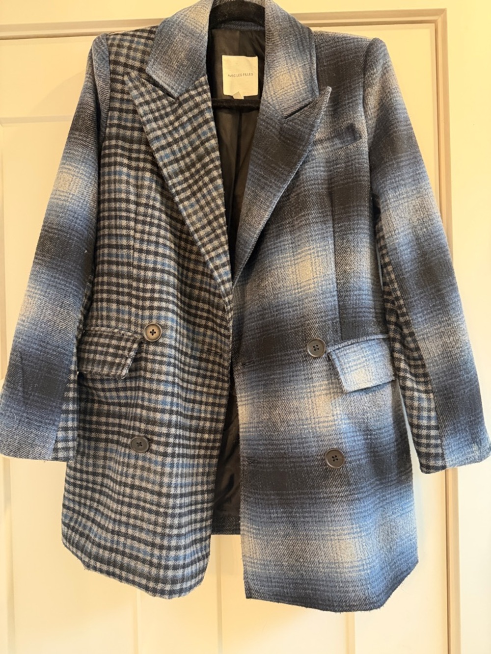 Blue two tone Plaid Double-Breasted Wool Blend Coat